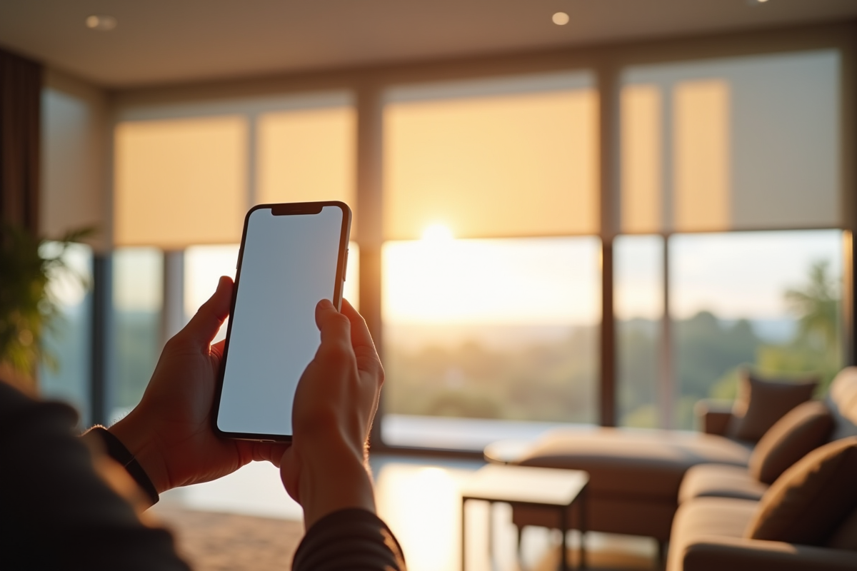 Salon moderne avec volets roulants connectes et smartphone