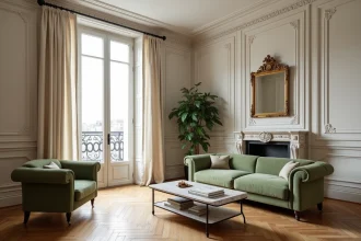 Salon de style haussmannien avec parquet en chevrons, moulures en plâtre et cheminée décorative dans un petit appartement parisien