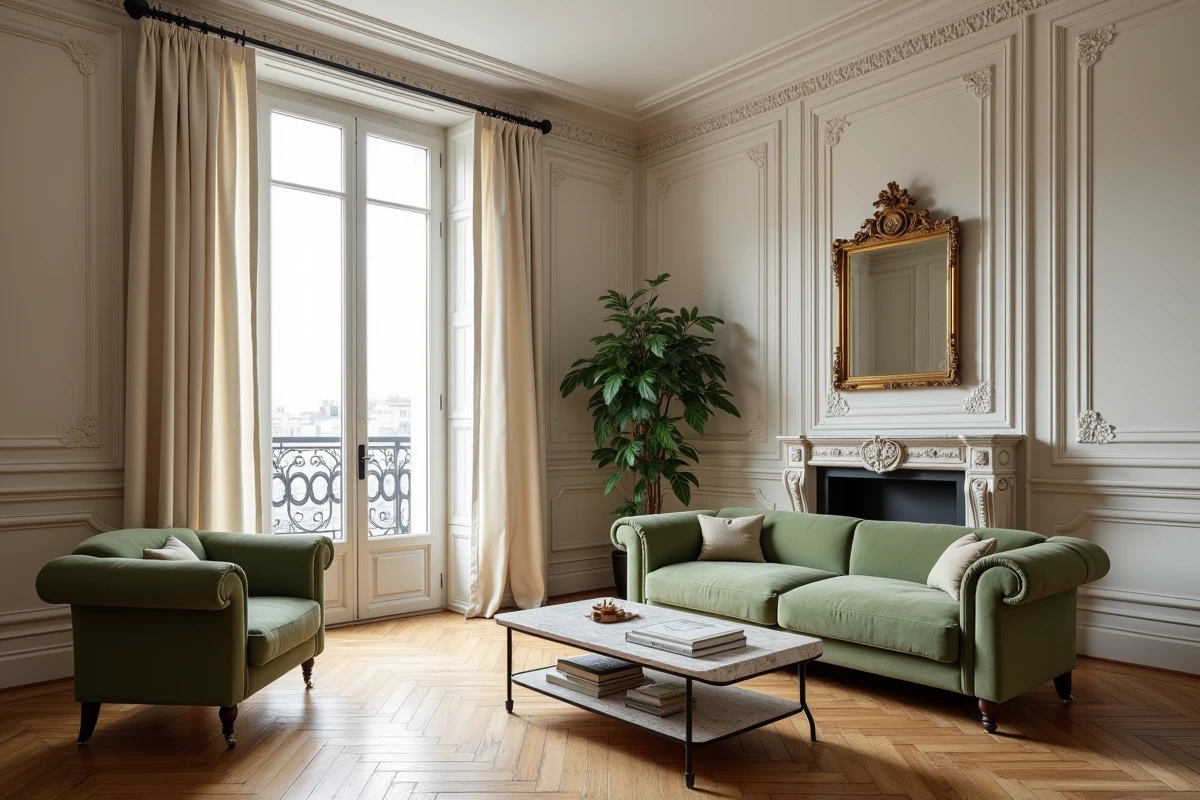 Salon de style haussmannien avec parquet en chevrons, moulures en plâtre et cheminée décorative dans un petit appartement parisien