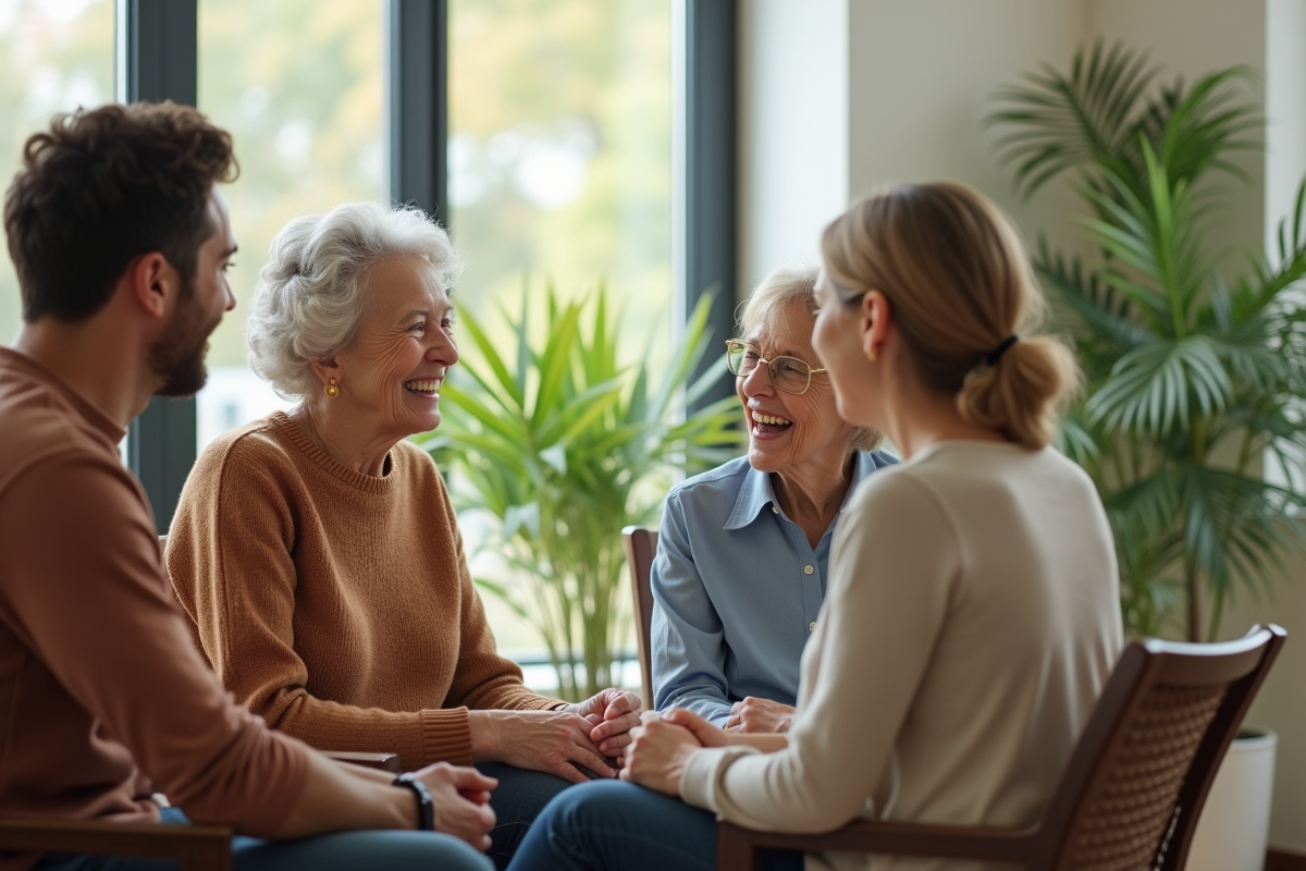Femme senior souriante parlant avec un jeune couple dans une résidence