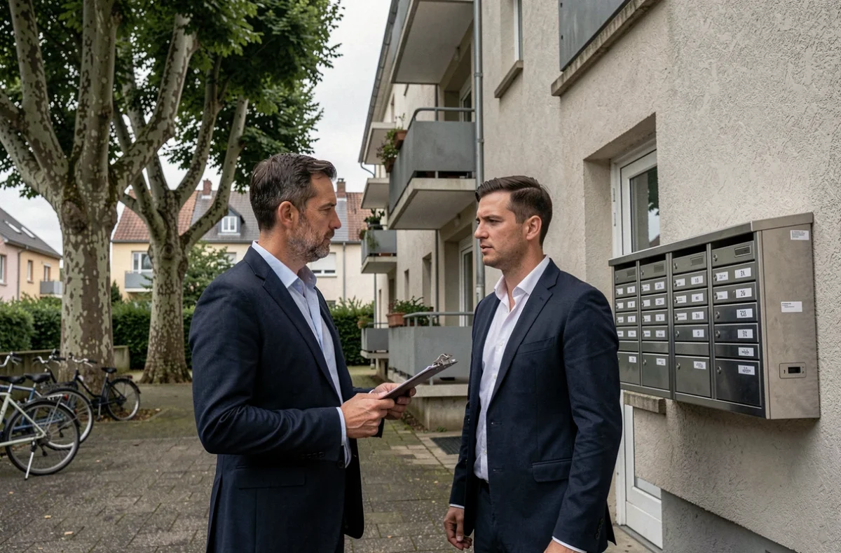 Gestionnaire Sergic inspectant la façade d'une copropriété dans un quartier résidentiel de l'Ain