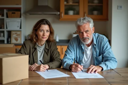 Couple signant vente maison dans cuisine rustique