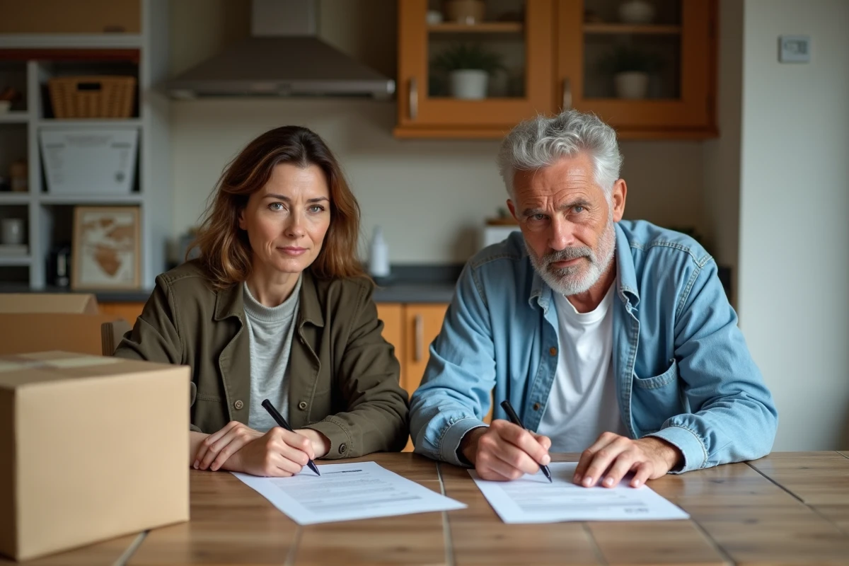 Couple signant vente maison dans cuisine rustique