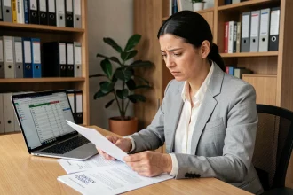 Femme consultant un simulateur de surloyer HLM sur ordinateur portable dans un bureau à domicile