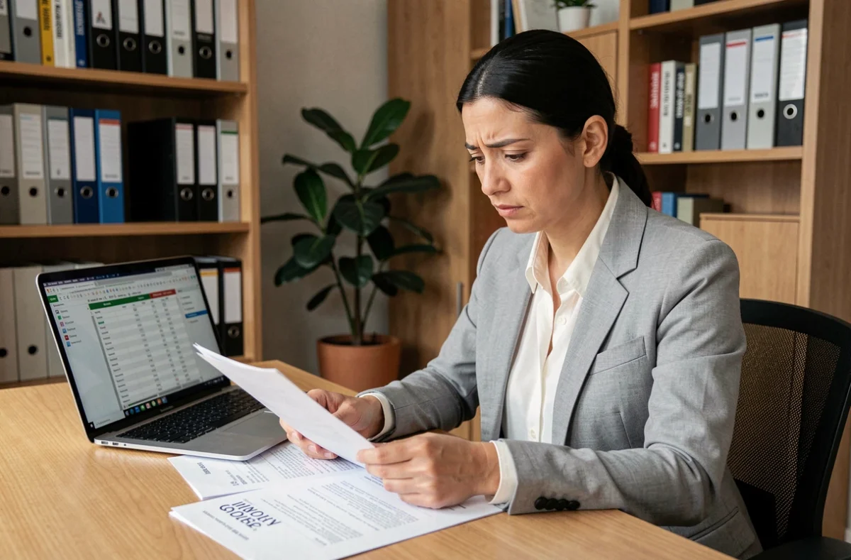 Femme consultant un simulateur de surloyer HLM sur ordinateur portable dans un bureau à domicile