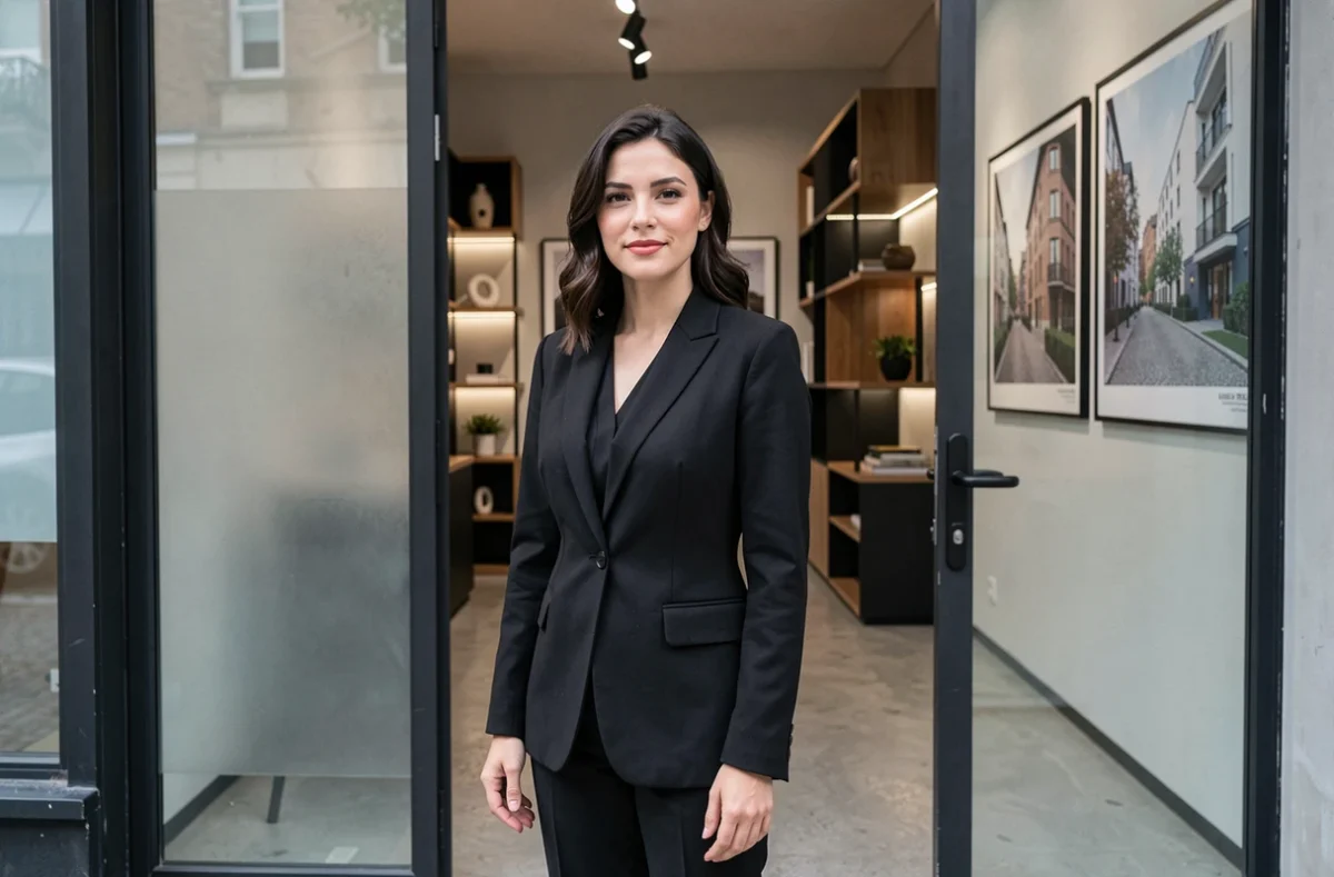 Agente de Sixième Avenue devant l'entrée élégante et minimaliste de l'agence immobilière