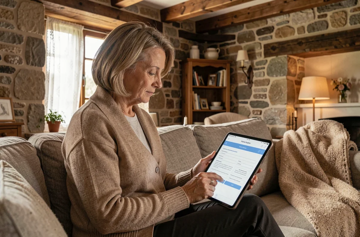 Femme souscrivant une assurance habitation en ligne sur tablette dans un appartement breton à Saint-Brieuc