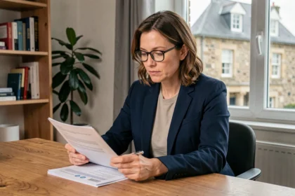 Femme signant un contrat d'assurance habitation à son bureau à Saint-Brieuc