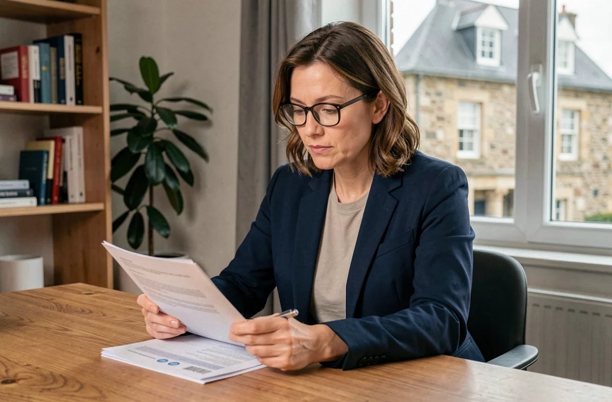 Femme signant un contrat d'assurance habitation à son bureau à Saint-Brieuc