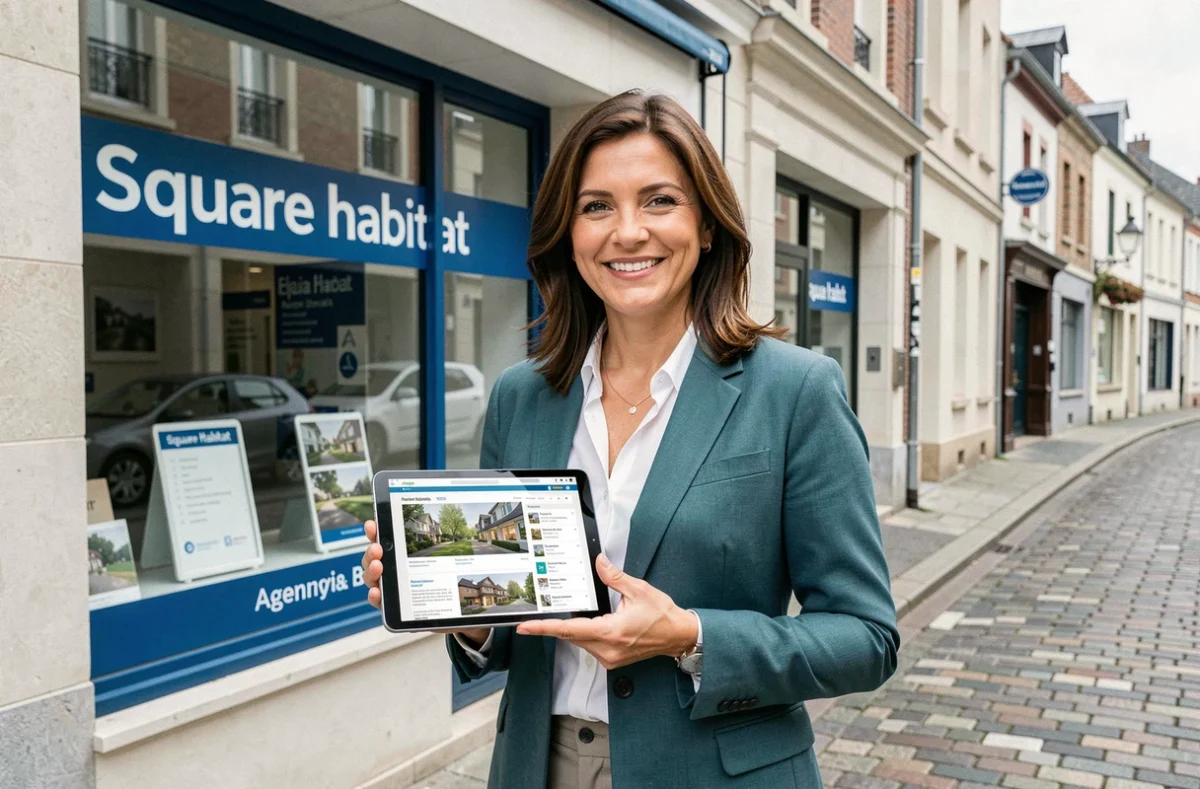 Agente immobilière de Square Habitat souriante devant la vitrine de l'agence avec une tablette affichant des biens