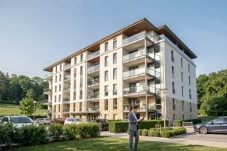 Syndic de copropriété dans l'Ain : vue d'un immeuble résidentiel moderne avec un gestionnaire professionnel devant l'entrée
