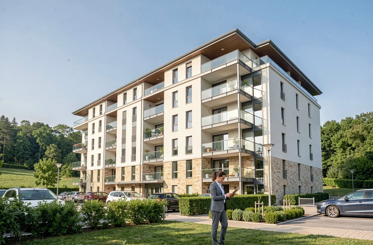 Syndic de copropriété dans l'Ain : vue d'un immeuble résidentiel moderne avec un gestionnaire professionnel devant l'entrée
