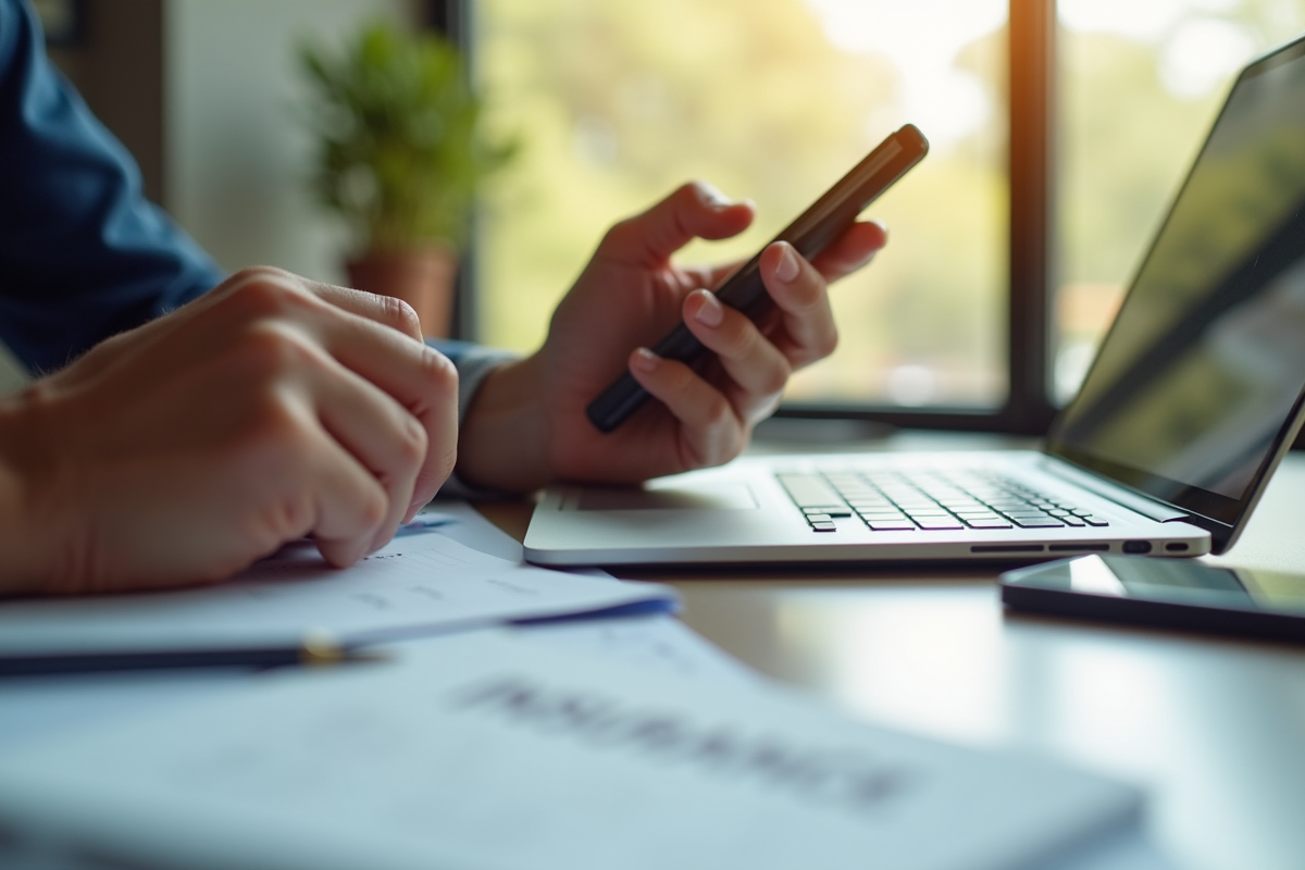 Main utilisant un smartphone avec documents d