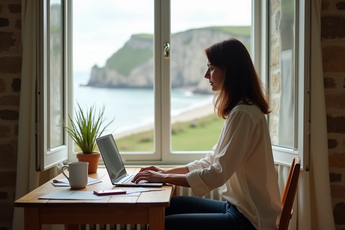 Femme en télétravail dans une maison en pierre normande avec vue sur la mer depuis sa fenêtre ouverte