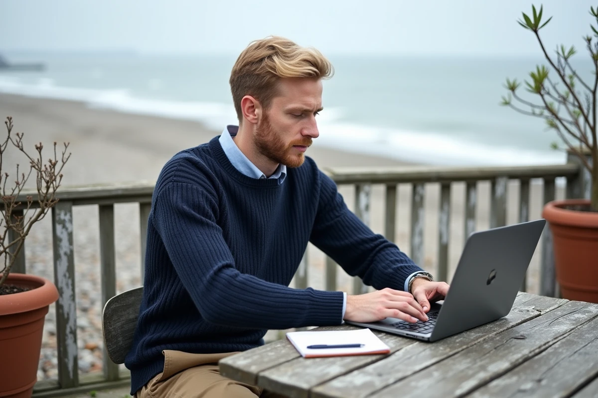 Homme en télétravail sur la terrasse d'une maison normande avec vue sur la plage de galets et la Manche