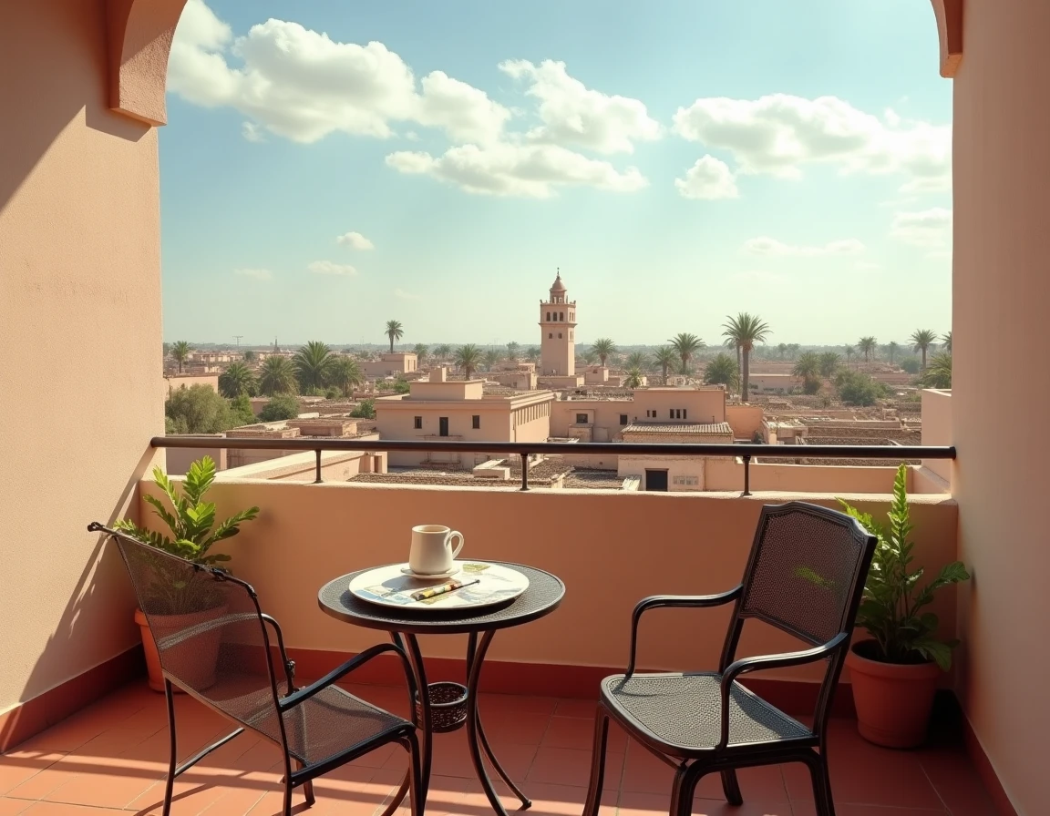 Terrasse d'appartement à vendre à Marrakech avec vue panoramique sur les toits de la médina et le minaret de la Koutoubia