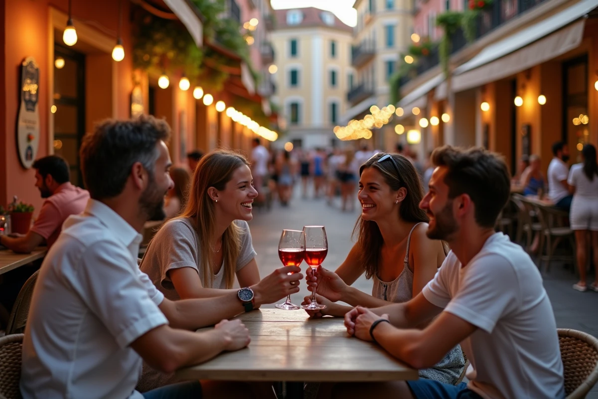 Terrasse animée dans le Vieux-Nice avec des jeunes adultes profitant d'une soirée estivale dans une ruelle pavée colorée
