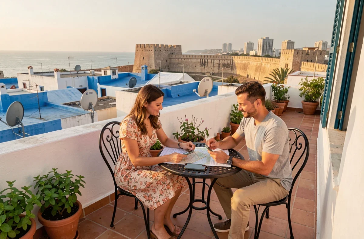 Couple comparant des offres de location d'appartements depuis une terrasse panoramique sur les toits de la médina d'Essaouira