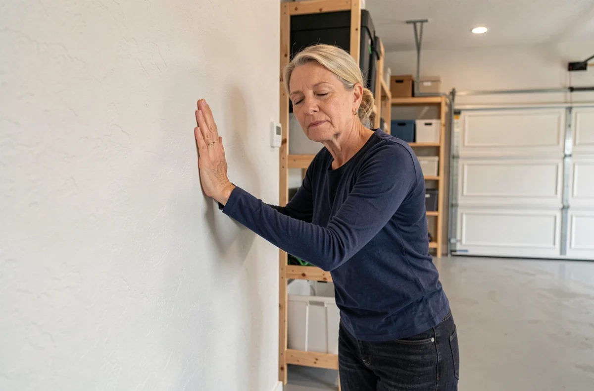 Femme testant l'isolation phonique d'un mur mitoyen dans un garage aménagé après travaux