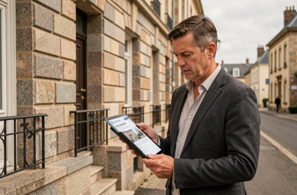 Agent immobilier de Thierry Immobilier Bretagne inspectant une copropriété devant un immeuble breton typique