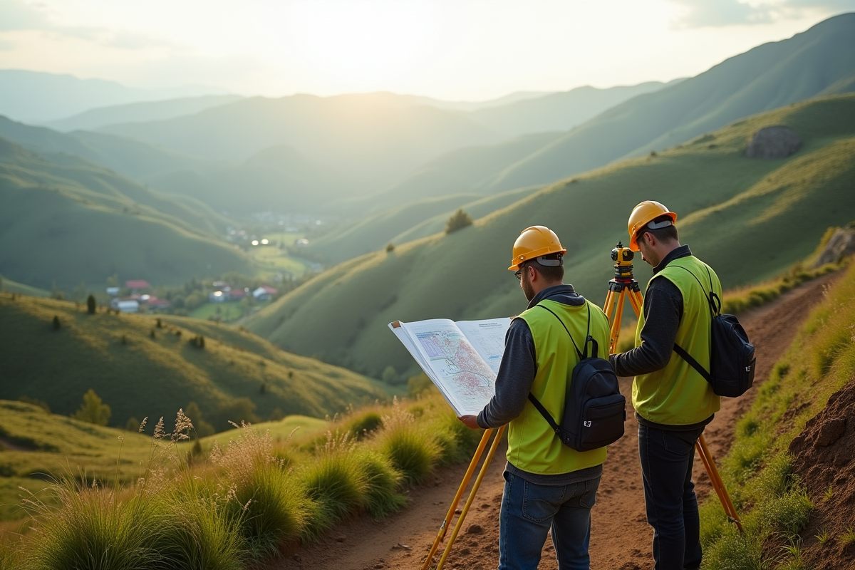 Architectes et ingénieurs analysant un terrain en pente avec vue panoramique