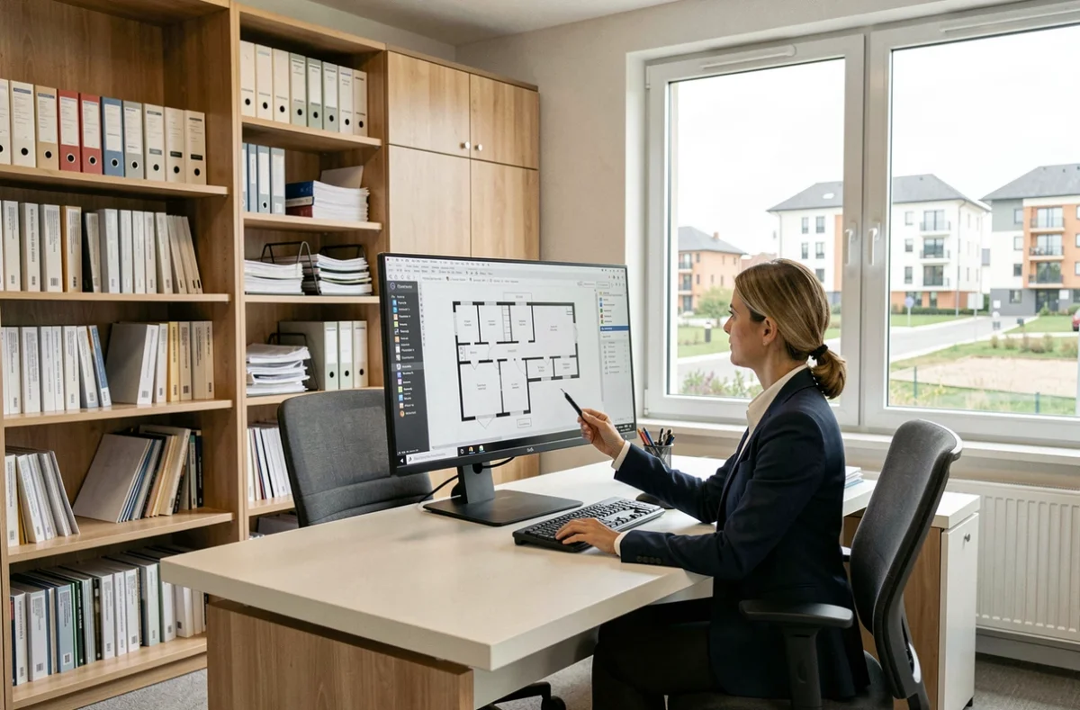 Agent de Trivia Immo à Beynost travaillant sur un plan de copropriété dans un bureau moderne