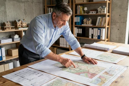 Urbaniste consultant des cartes cadastrales sur un bureau recouvert de plans architecturaux pour un projet de construction