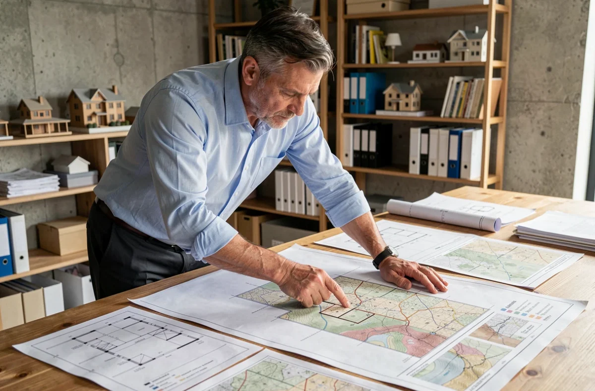 Urbaniste consultant des cartes cadastrales sur un bureau recouvert de plans architecturaux pour un projet de construction