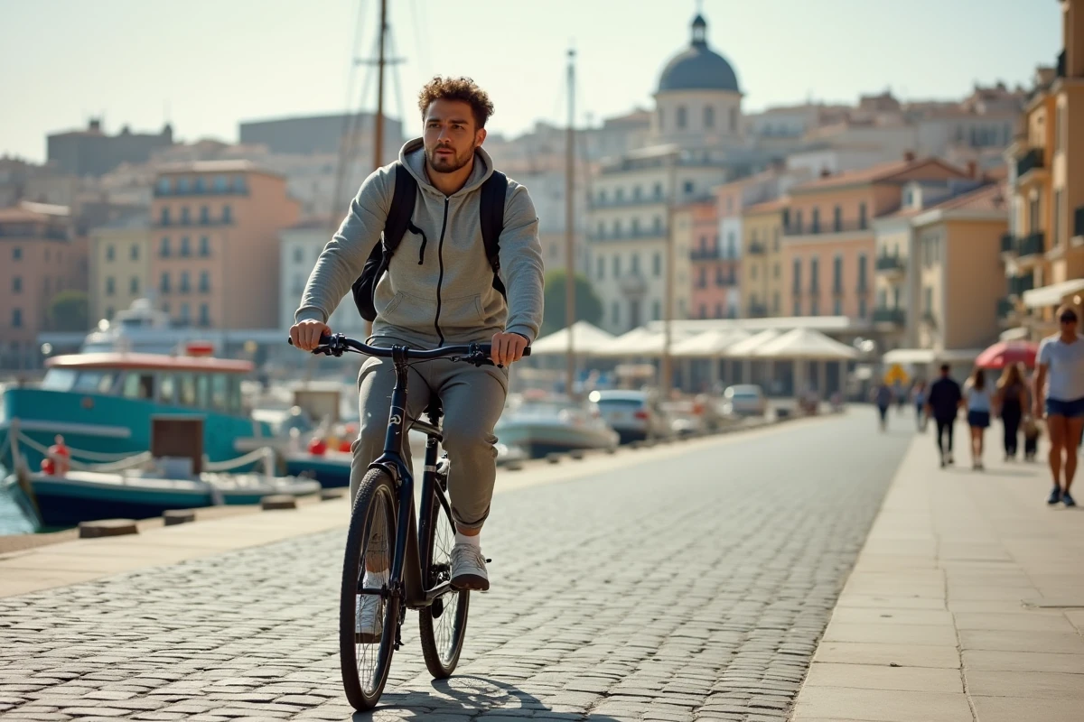 Jeune homme à vélo de location longeant le Vieux-Port de Marseille, mobilité douce en centre-ville