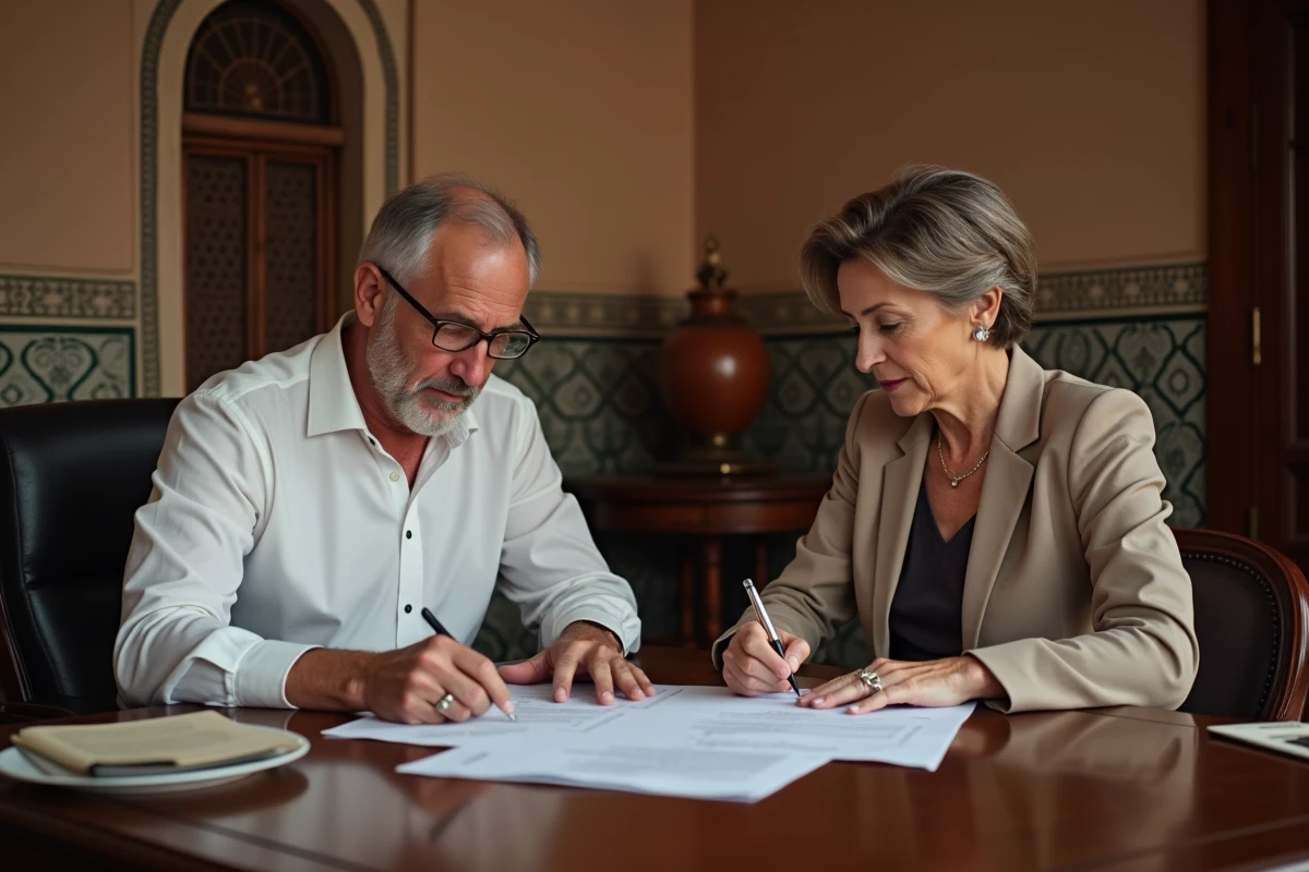 Notaire et acheteuse étrangère examinant un contrat immobilier dans un bureau marocain traditionnel