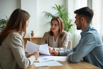 Agent immobilière vérifiant les documents de ressources de futurs locataires dans un bureau moderne pour un investissement Pinel