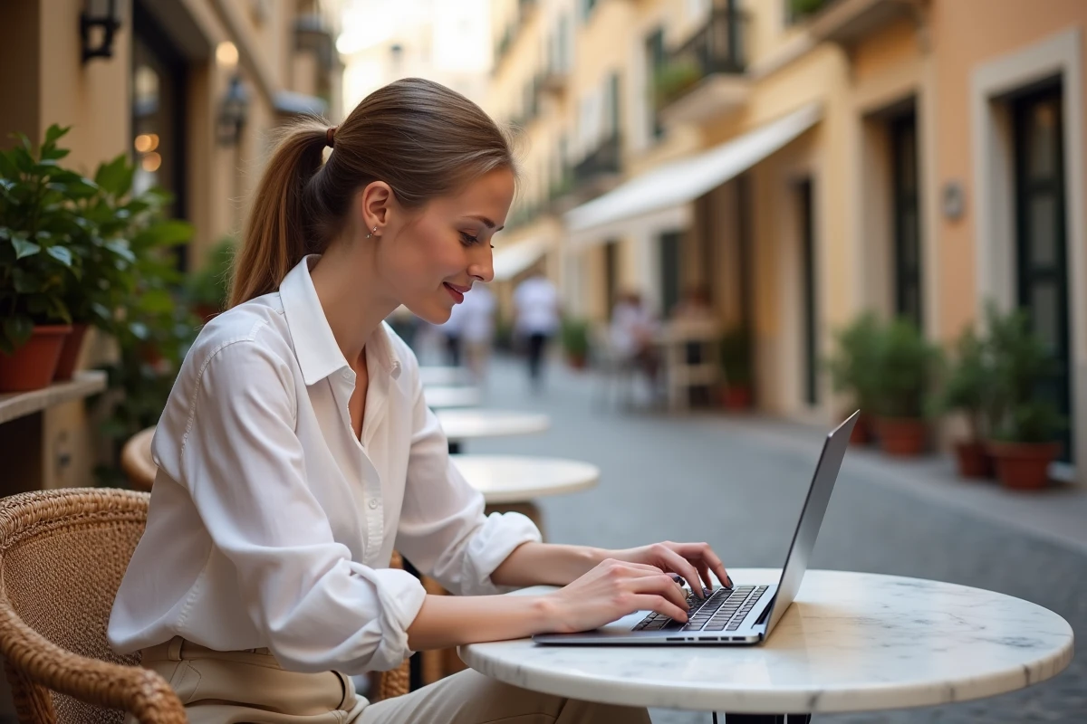 Femme travaillant dans un café de Monaco-Ville avec vue sur les ruelles historiques de la Principauté