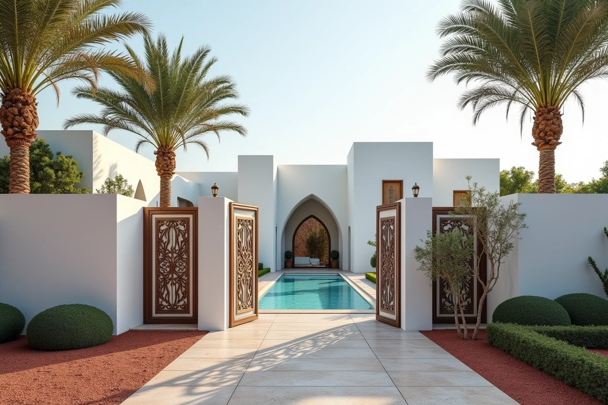 Extérieur d'une villa contemporaine à vendre dans la Palmeraie de Marrakech avec piscine privée et allée de palmiers