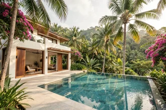 Villa de luxe avec piscine à débordement en Thaïlande entourée de végétation tropicale luxuriante