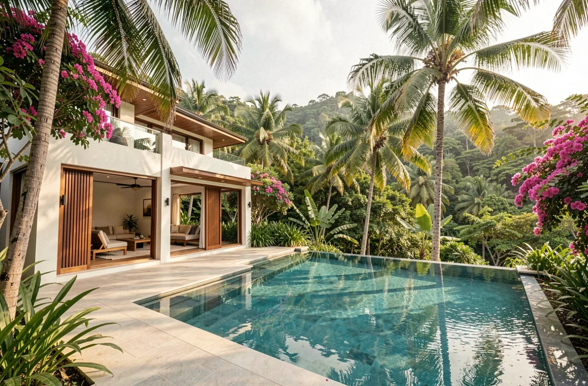 Villa de luxe avec piscine à débordement en Thaïlande entourée de végétation tropicale luxuriante