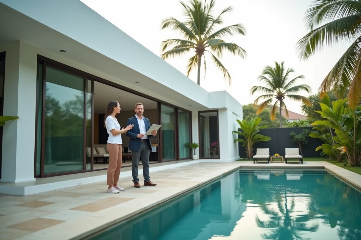 Agent immobilier présentant une villa moderne avec piscine à vendre près de Hua Hin en Thaïlande à un acheteur étranger