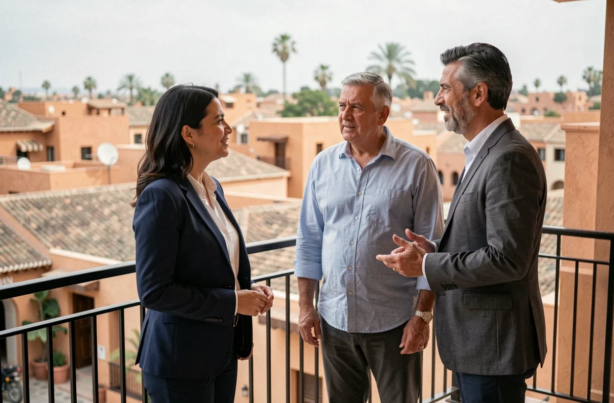 Agent immobilier présentant un appartement à Guéliz à des acheteurs sur un balcon avec vue sur Marrakech