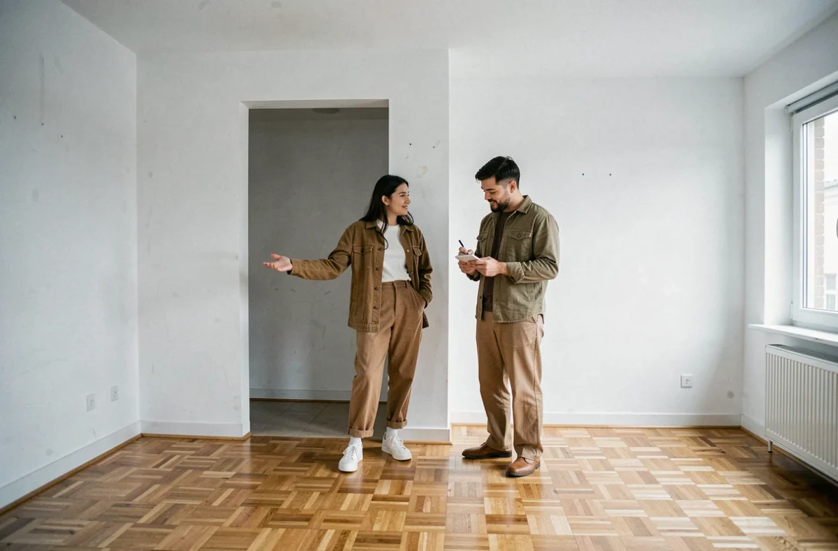 Couple visitant un appartement T1bis avec alcôve séparée dans un immeuble parisien