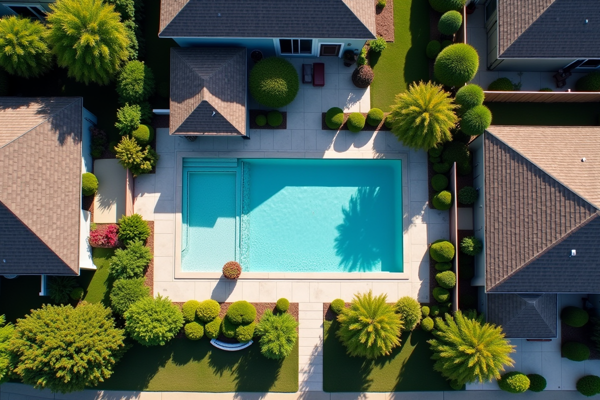 Vue aérienne de maisons avec piscine et taxes immobilières en surbrillance